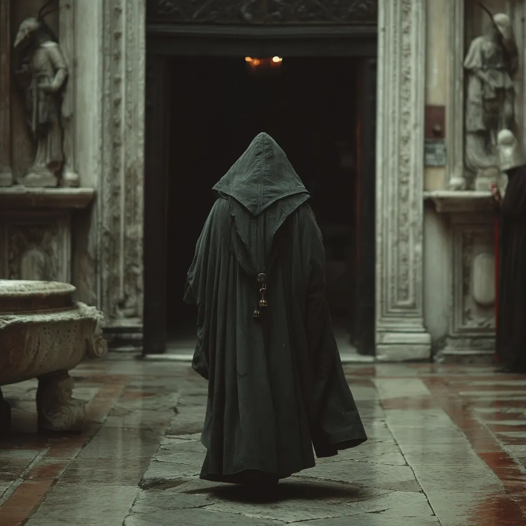 A lone figure, cloaked in a dark hooded robe, walks away from a large, ornate doorway.  The robe features a small, hanging ornament. The background is a grand, ancient-looking building with stone statues, suggesting a church or monastery.  The atmosphere is somber and mysterious. The wet stone floor reflects the muted light.
