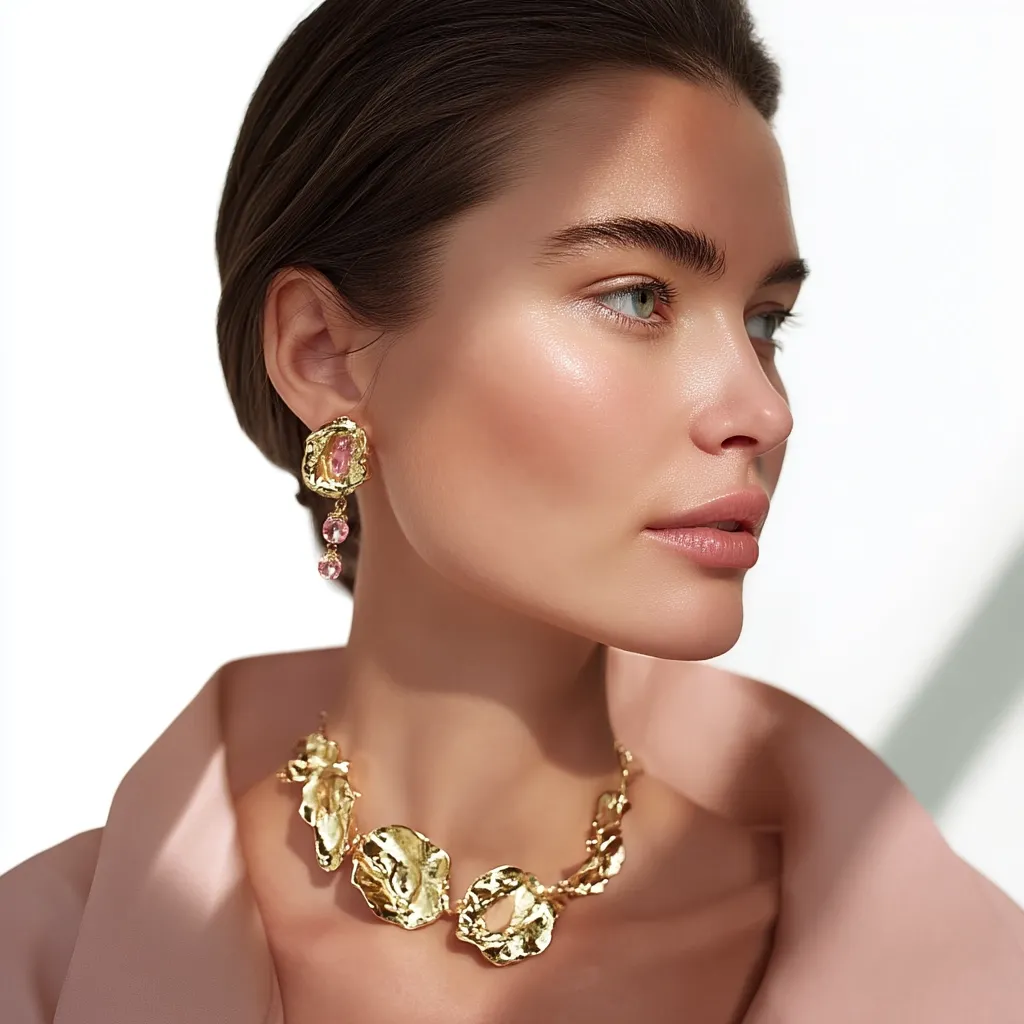 A woman with sun-kissed skin and dark brown hair wears a gold necklace and earrings. The necklace features large, textured gold pendants, while the earrings are dangling and incorporate pink gemstones.  The overall style is modern and elegant, highlighted by soft light and a blush-toned background.  Her makeup is minimal, enhancing her natural beauty.