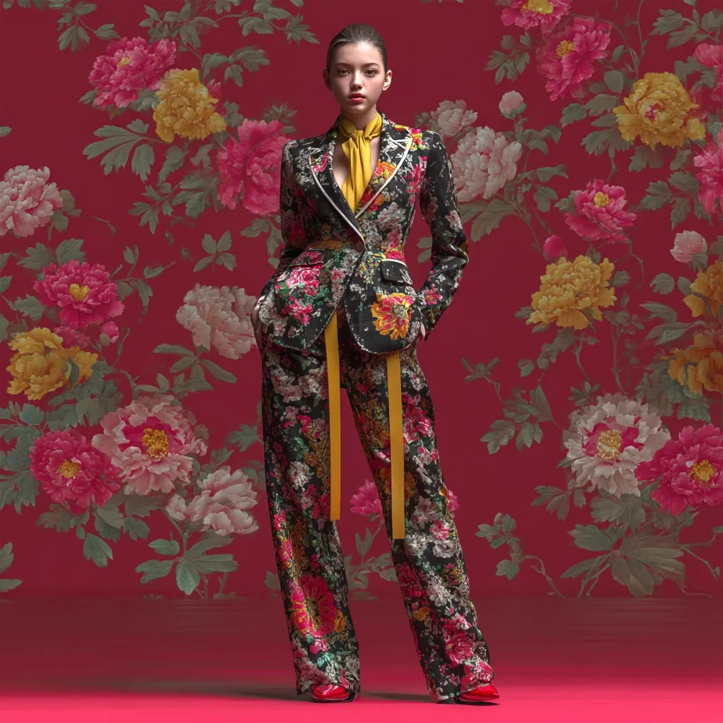 A model stands against a vibrant red floral backdrop, wearing a striking floral-print pantsuit.  The black suit features a profusion of pink, red, and yellow blooms.  A mustard yellow scarf adds a pop of color at the neck, complementing the suit's bold pattern. The model's pose is elegant and confident, showcasing the sophisticated design of the attire.  Red shoes complete the look.