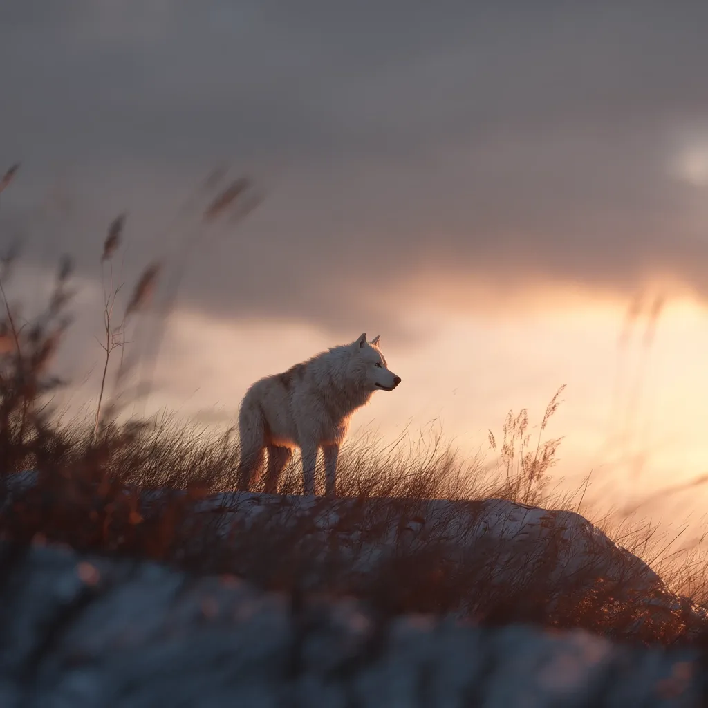 A lone arctic wolf stands on a rocky outcrop, silhouetted against a vibrant sunset.  The wolf's fur appears pale and its gaze is directed towards the horizon.  Tall grasses sway gently in the foreground, adding to the serene and dramatic atmosphere of the scene. The sky is a mix of warm oranges and soft purples.