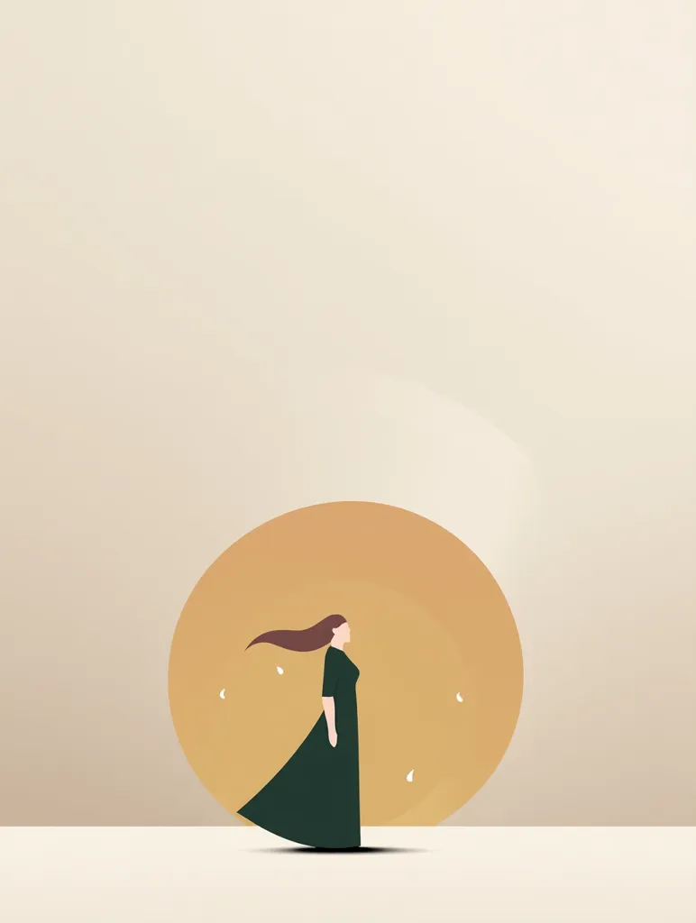 A minimalist illustration depicts a woman in a long, dark green dress standing before a large, round, golden-yellow sun.  Her brown hair flows in the wind, suggesting a sense of freedom or contemplation. The overall palette is muted and calming, creating a serene and somewhat melancholic mood.  Small, white petal-like shapes drift around her.