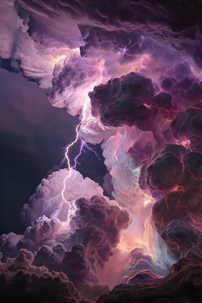 A dramatic image depicts a vibrant, purple-hued thunderstorm.  Lightning streaks through the dense, swirling clouds, creating a breathtaking spectacle of color and energy.  The clouds are textured and voluminous, ranging from deep purples and blacks to lighter pinks and purples. The scene is both awe-inspiring and slightly ominous.