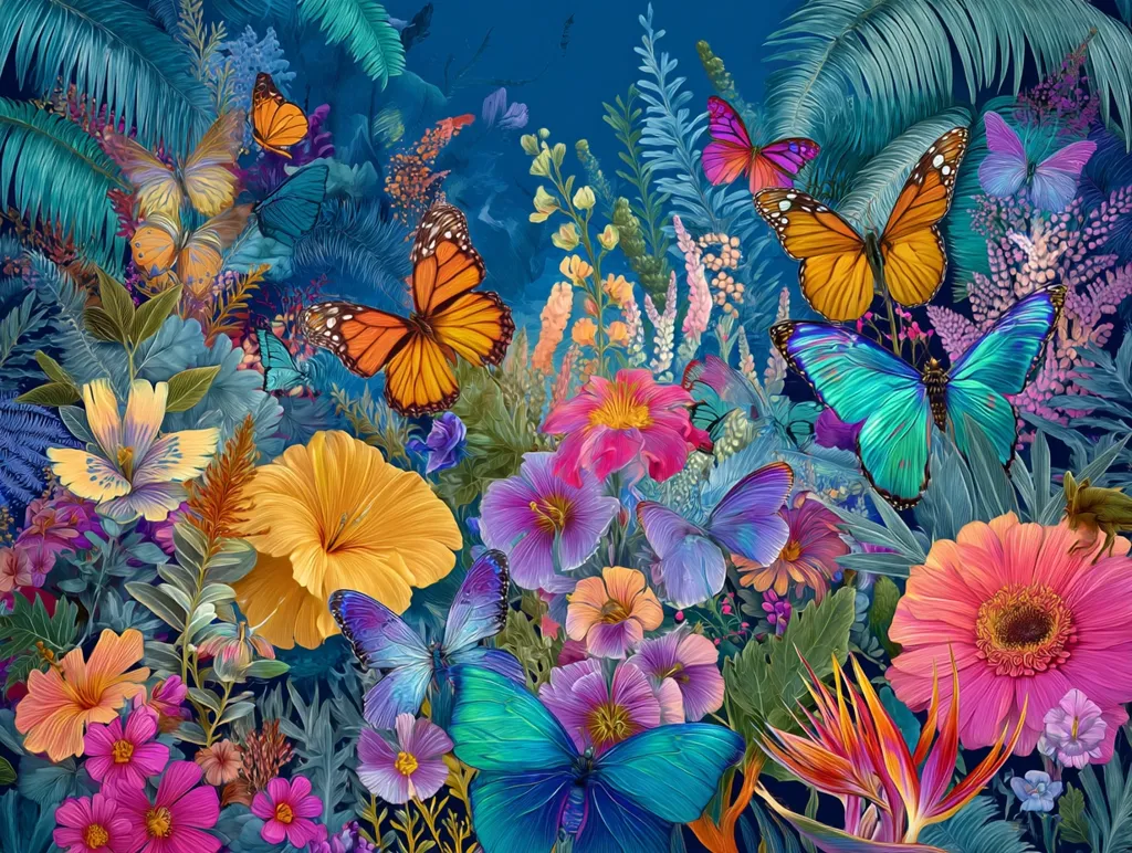 A vibrant explosion of color depicts a lush tropical garden teeming with life.  Multicolored butterflies, in various sizes and species, flutter amongst a profusion of exotic flowers.  Hues of pink, orange, yellow, and blue dominate the scene, creating a breathtakingly beautiful and immersive natural artwork.  The deep blue background enhances the brilliance of the flora and fauna.