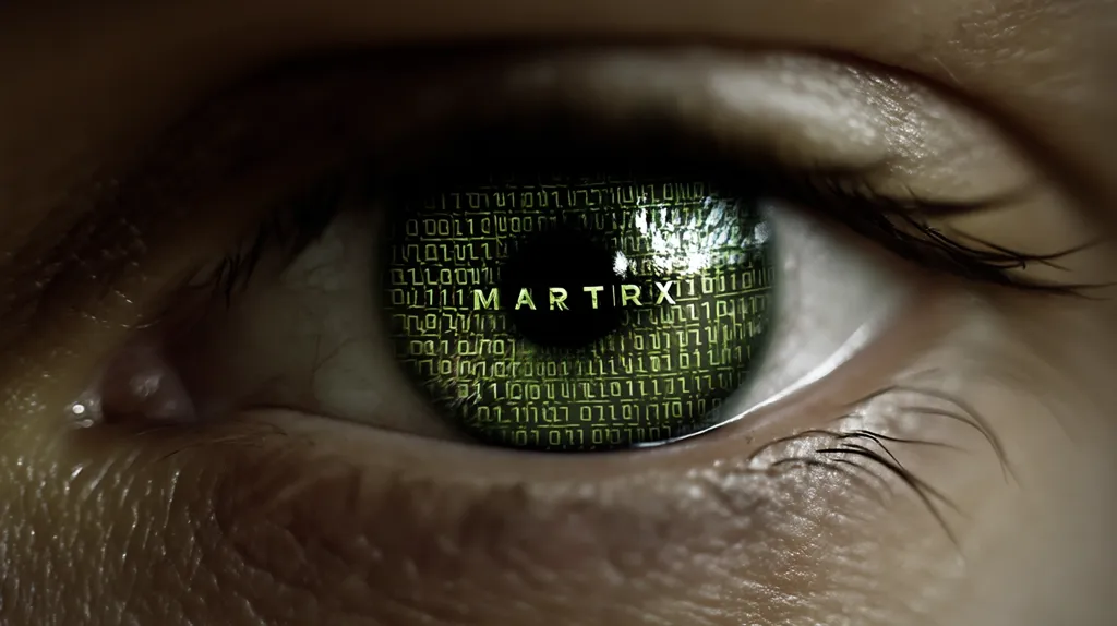 A close-up of a human eye.  The iris is digitally overlaid with green binary code, and the word "MARTIRX" is prominently displayed in the center.  The image creates a futuristic, possibly dystopian, effect, suggesting a connection between the individual and a digital world or system.  The detail shows fine skin textures and eyelashes.