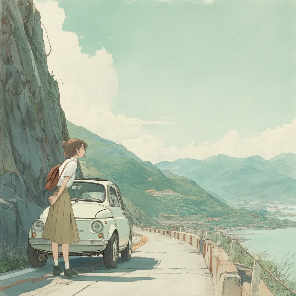 A young woman with a backpack stands beside a vintage white car parked on a coastal road.  She gazes out at a breathtaking vista of rolling green hills meeting a calm ocean under a pale, sunny sky. The scene is peaceful and evokes a sense of serene travel and adventure. The art style is soft and slightly whimsical, with muted colors and delicate linework.