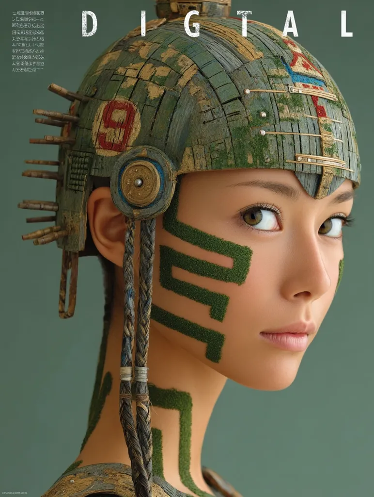 A close-up shot features a young woman adorned in a weathered, intricately designed helmet.  The helmet, seemingly crafted from wood and metal, is embellished with a number "9".  Green, moss-like patterns decorate her face, resembling a tribal or futuristic design.  The word "DIGITAL" is prominently displayed above her head. The overall aesthetic blends elements of fantasy, technology, and ancient cultures.