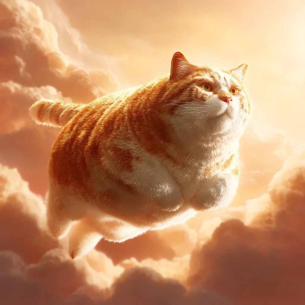 A large, fluffy orange tabby cat floats majestically through a sky filled with soft, golden clouds.  The cat's expression is serene, its body seemingly weightless against the warm, ethereal backdrop. The image evokes a feeling of peace and tranquility, suggesting a fantastical or dreamlike scene.  The lighting accentuates the cat's fur and the texture of the clouds.