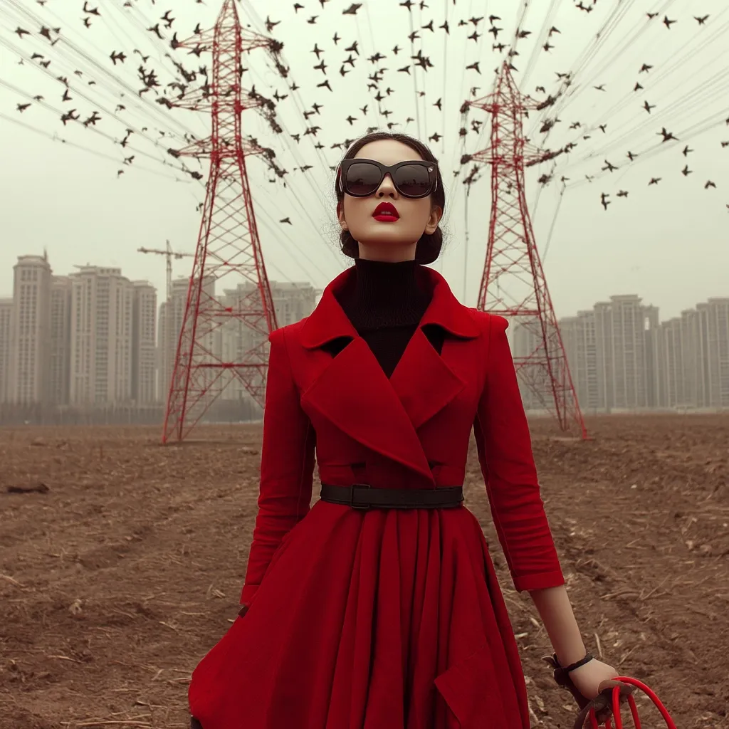A stylish woman in a vibrant red coat and black turtleneck stands in a desolate field.  She wears black sunglasses and a black belt cinching her waist.  Tall red electricity pylons stand behind her, a flock of birds flying overhead.  The urban skyline is visible in the background, creating a striking contrast between nature and cityscapes.  The overall mood is dramatic and sophisticated.