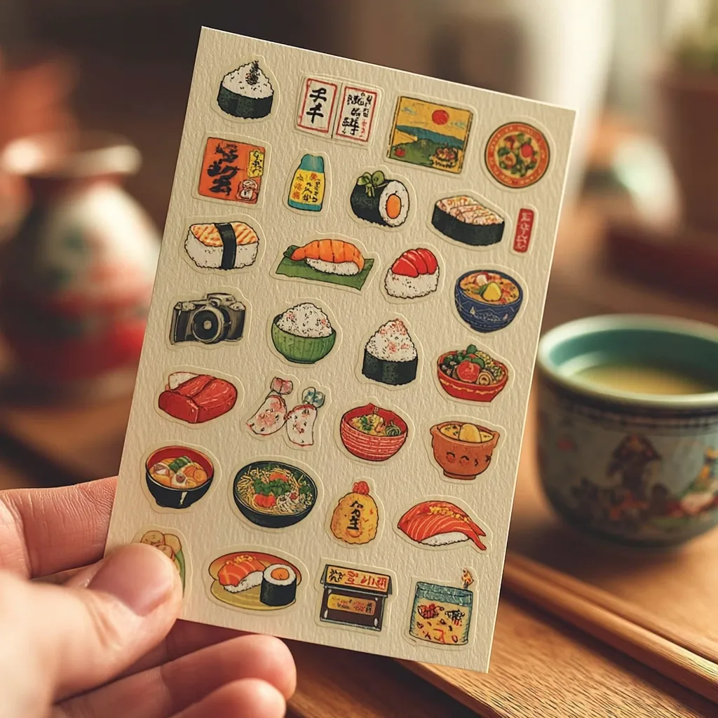 A hand holds a sheet of adorable Japanese food stickers.  The stickers depict various dishes including sushi, rice bowls, ramen, and other Japanese snacks. The style is reminiscent of vintage Japanese illustrations, with warm colors and detailed designs.  The stickers are arranged neatly on a cream-colored background. A cup of tea and chopsticks are subtly visible in the background, enhancing the overall aesthetic.