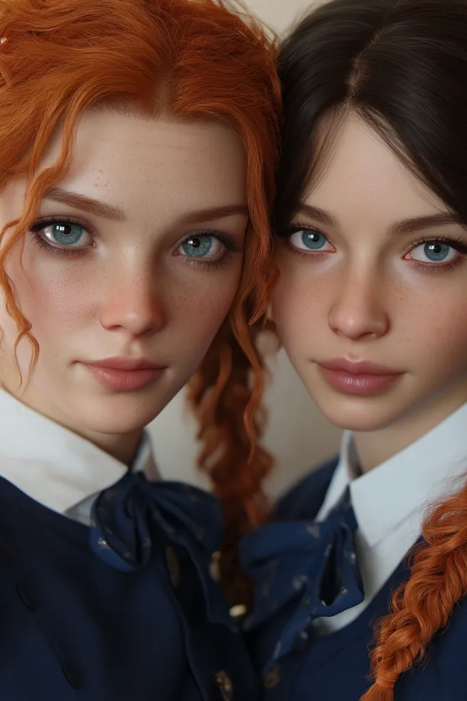 Close-up of two young women with striking features.  One has vibrant red, curly hair, the other dark brown, straight hair styled in a braid.  Both wear navy blue collared jackets with white shirts and patterned bow ties.  Their eyes are captivating, and they appear close and connected. The image is soft and subtly lit, creating an intimate and aesthetically pleasing portrait.