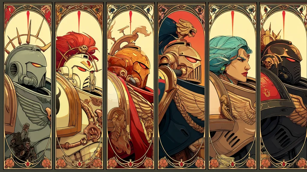 A stylized artwork depicts six Space Marine chapters from Warhammer 40,000.  Each figure is framed in an art nouveau-esque border, showcasing their distinct power armor and heraldry. The characters are rendered in a detailed, almost illustrative style, with a focus on rich color and intricate details. The overall composition suggests a sense of power and grandeur, typical of the Warhammer 40,000 universe.