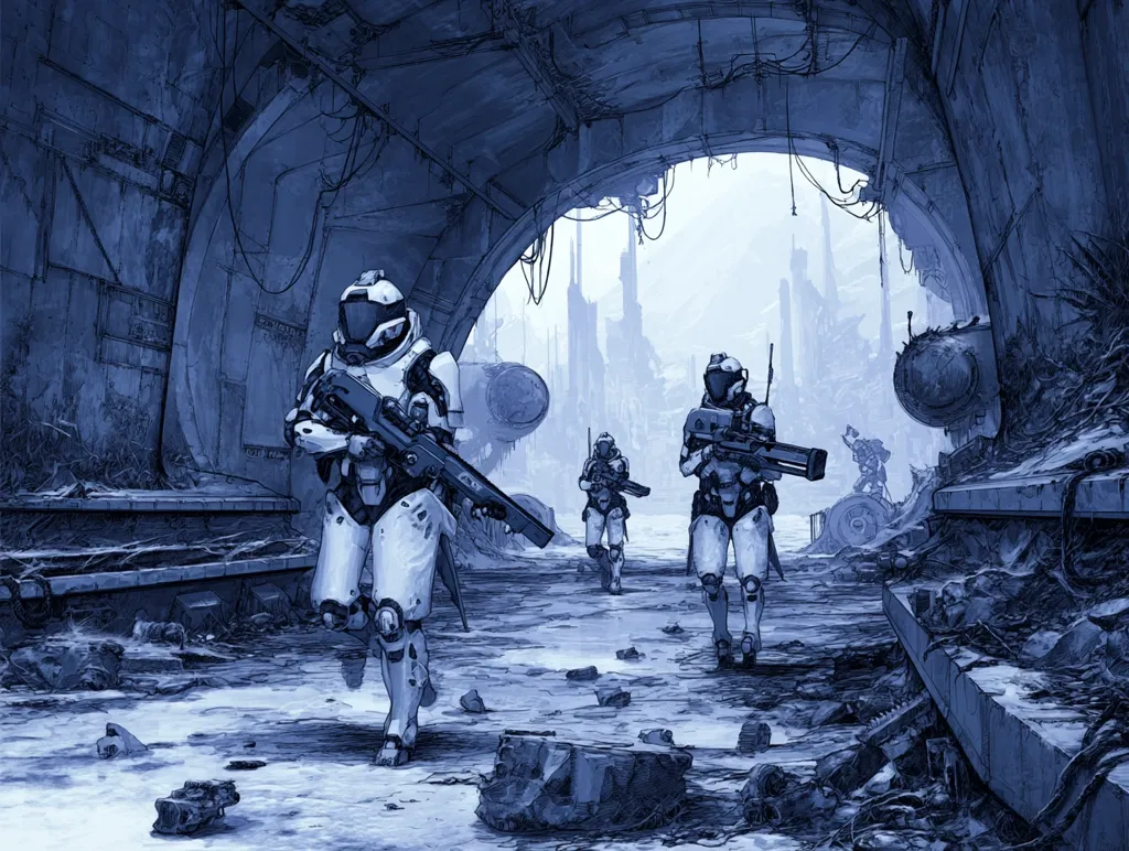 Three futuristic soldiers in white armor, armed with advanced weaponry, patrol a desolate, ruined cityscape.  They emerge from a crumbling tunnel, the background showing a decaying urban landscape under a bleak sky. The scene is rendered in cool, desaturated blues, emphasizing the post-apocalyptic or war-torn setting.  The artwork's style is detailed and evocative of a science fiction military operation in a damaged environment.