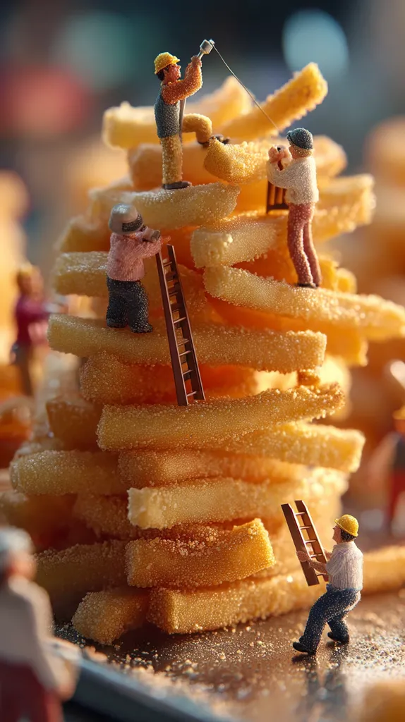 Miniature construction workers are hard at work building a towering structure out of golden-brown, crispy french fries.  They use ladders and tools to carefully arrange the fries, creating a whimsical and delicious-looking scene.  The fries are heavily seasoned, and the overall image is sharply focused, showcasing the detail in both the fries and the tiny figures.