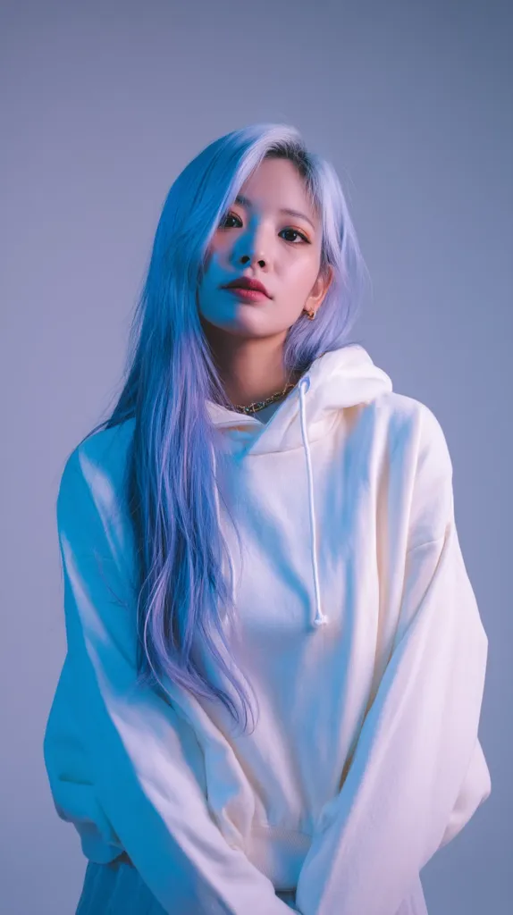 A woman with striking, pastel blue hair poses against a gradient blue backdrop. She wears a casual, off-white hooded sweatshirt. Her expression is neutral, with a hint of a sultry gaze. A gold chain adorns her neck. The lighting emphasizes the unique color of her hair, contrasting with her dark eyes and subtly accentuated lips. The overall composition creates a modern and stylish portrait.