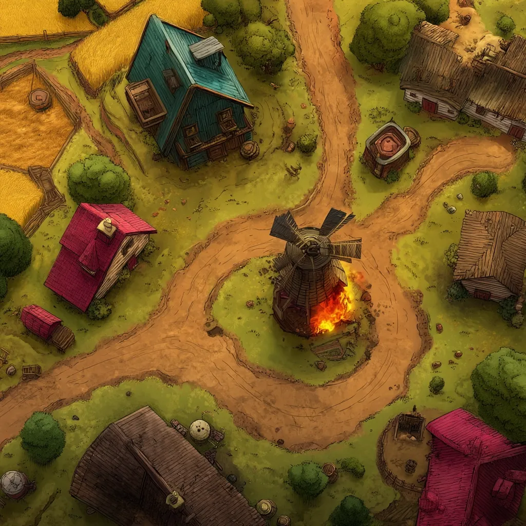 An overhead view of a quaint village reveals a windmill engulfed in flames at its center.  Dirt roads wind between rustic houses and farm fields, showing a rural scene.  Buildings vary in style and condition, some appearing well-maintained while others show signs of age or disrepair.  Fields of golden wheat surround the village, adding to the idyllic, yet distressed, atmosphere.