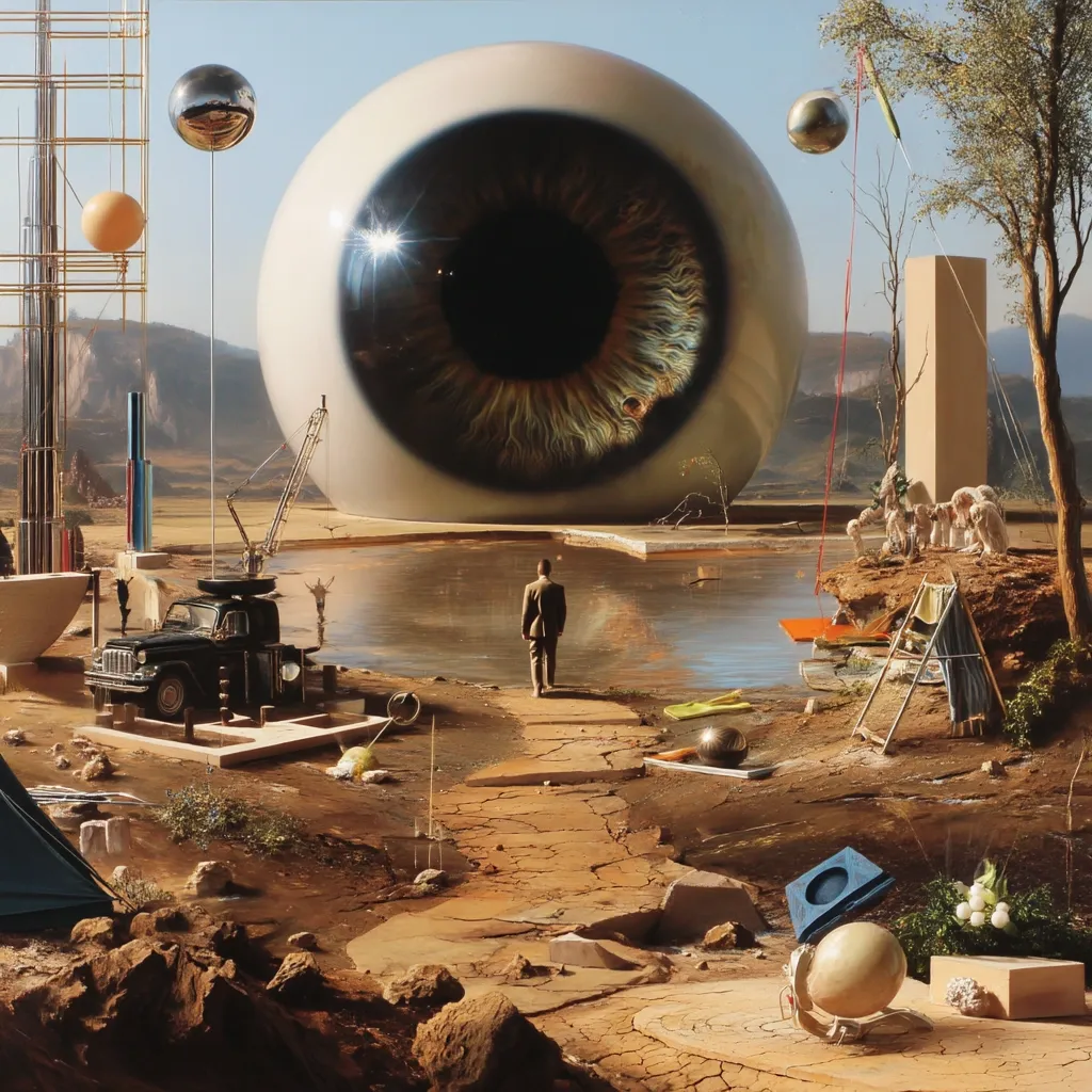A surreal landscape features a gigantic eye dominating the scene.  A lone figure walks towards it along a cracked path, past various strange objects: a vintage truck, a construction crane,  geometric structures, and figures resembling sculptures or mannequins.  The setting is arid and desolate, with a still body of water reflecting the eye.  The overall mood is one of unsettling mystery and isolation.