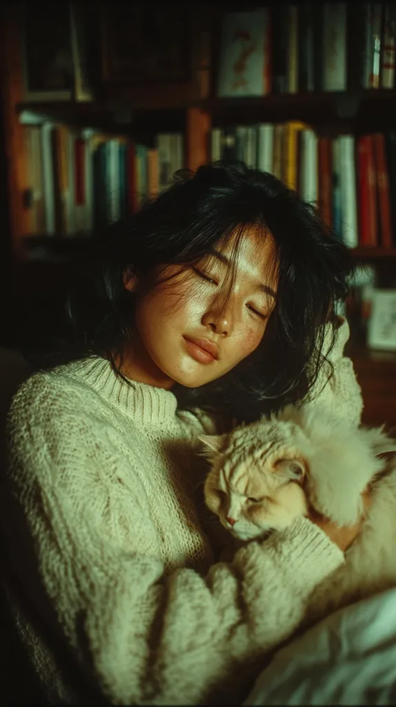 A young woman with dark hair, wearing a light beige knit sweater, sits nestled against a bookshelf filled with books.  She holds a fluffy, light-colored cat close to her chest, her eyes closed in peaceful slumber. The warm lighting and soft textures create a cozy and intimate atmosphere.