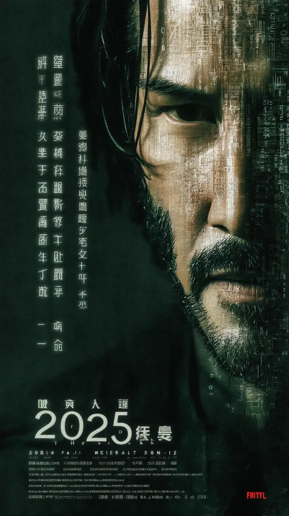 A movie poster for "2025," featuring Keanu Reeves's intense close-up.  The dark, stylized image incorporates a digital overlay, creating a futuristic atmosphere.  Chinese characters are prominently displayed alongside the film's title, suggesting a possible Asian release or co-production. The overall mood is gritty and suspenseful.