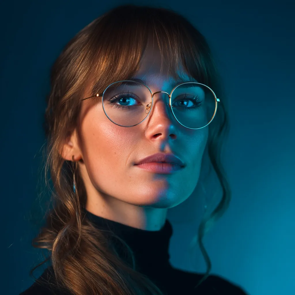 A close-up portrait of a young woman with shoulder-length brown hair styled with bangs. She wears gold-rimmed round glasses and a black turtleneck.  The blue-toned lighting creates a dramatic effect, highlighting her features and emphasizing her serious expression.  Her gaze is directed slightly off-camera, suggesting a thoughtful or contemplative mood.