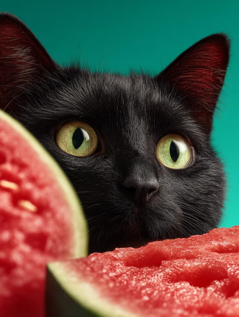 A curious black cat with bright green eyes peers from behind two slices of juicy watermelon.  Its dark fur contrasts sharply with the vibrant red fruit. The cat's intense gaze suggests an interest in the sweet treat. The background is a solid teal, emphasizing the cat and watermelon.