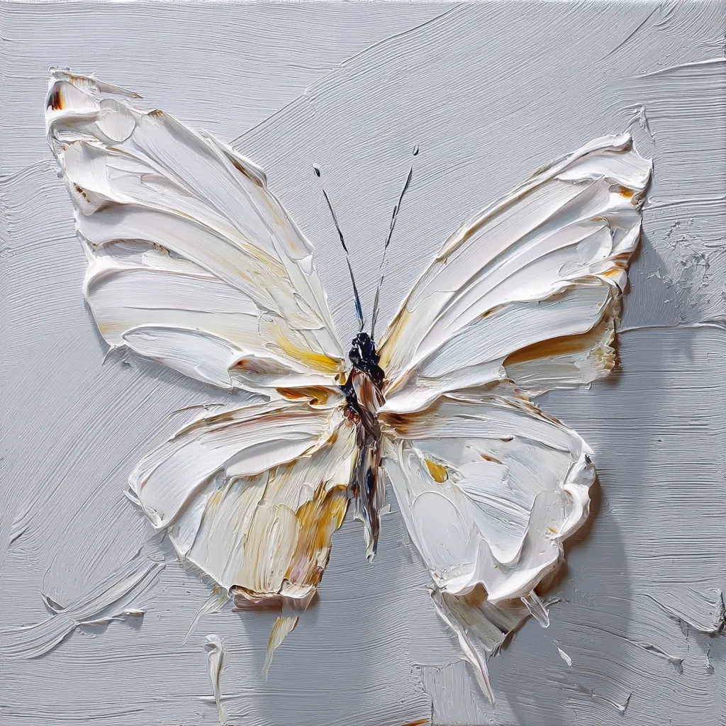 A close-up view of an impasto oil painting depicting a white butterfly.  The artist uses thick, textured brushstrokes to create a three-dimensional effect, emphasizing the butterfly's wings and body.  Warm, yellowish-brown hues accentuate the butterfly's center, contrasting with the predominantly white wings against a pale gray background.  The style is expressive and evocative of movement and lightness.