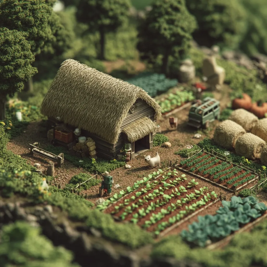 A miniature farm scene is depicted, featuring a thatched-roof house, meticulously crafted gardens with rows of vegetables, hay bales, a small vehicle, and miniature figures of a farmer and a dog.  The scene is set within a lush, green landscape, creating a charming and idyllic miniature world.  The detail is impressive, capturing the essence of rural life.