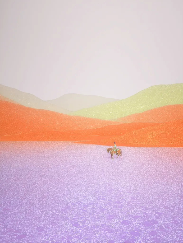 A lone rider on a brown horse traverses a vast, flat lavender plain.  In the distance, softly colored hills rise—pale orange and muted yellow-green—under a pale sky. The scene is serene and minimalist, with a dreamlike quality enhanced by the subtle color palette and textured surface of the plain.