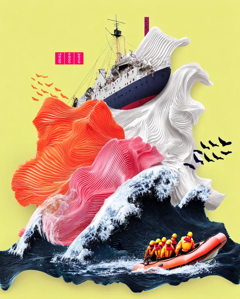 A stylized image depicts a large ship seemingly engulfed by abstract, colorful waves.  Orange and pink textured forms suggest turbulent water, contrasting with a dark, realistic depiction of a raging sea below.  A small raft carrying several people navigates the lower waves, adding a sense of scale and danger.  The overall composition is vibrant and surreal, blending realism with abstract expressionism.