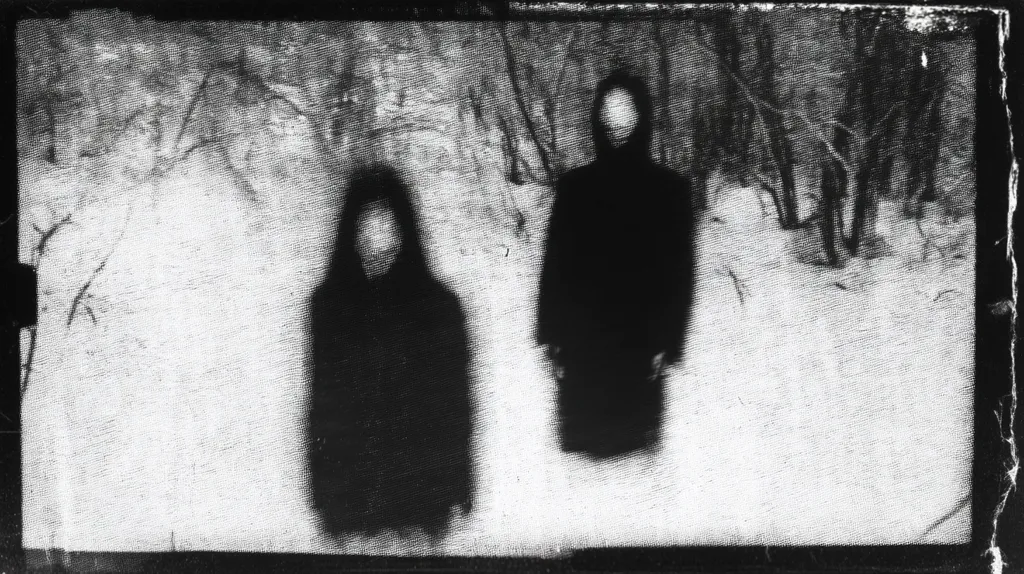 A grainy, black and white photograph depicts two indistinct figures, cloaked and hooded, standing in a snowy, wooded area.  Their faces are obscured, creating an eerie and mysterious atmosphere. The image's texture suggests age and possible damage, enhancing the overall sense of unease and mystery.  The background shows bare, snow-covered trees, adding to the desolate feeling.