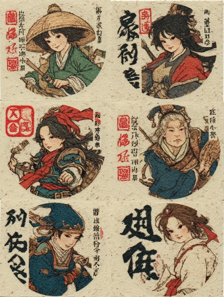 A collection of six circular illustrations, each featuring a stylized character in traditional East Asian attire.  The characters appear to be from a historical setting or fantasy inspired by such. Each circle is bordered by text in a vertical format. The art style is reminiscent of ukiyo-e woodblock prints, with a textured, earthy palette.  The overall impression is one of elegant simplicity and historical narrative.