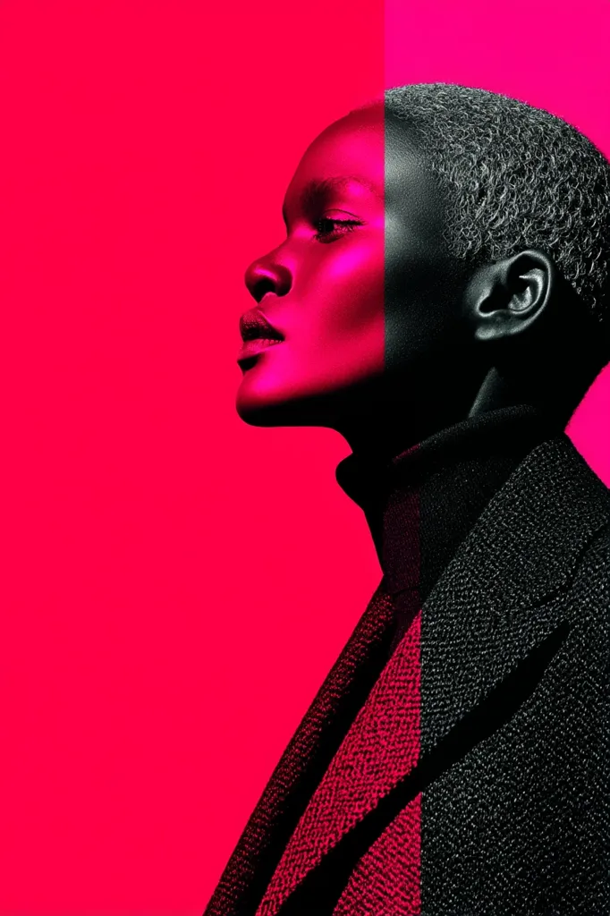 A stylized portrait of a woman with short, gray hair.  Half her face is rendered in vibrant pink, contrasting sharply with the black and white of her other features and dark coat.  The image is bold, graphic, and uses strong color contrast to create a striking visual effect.  She is shown in profile, her gaze directed away.
