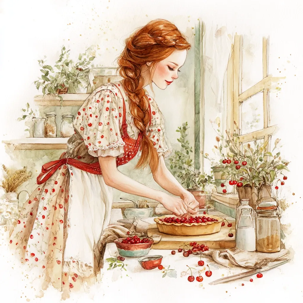 A watercolor painting depicts a young woman with long, braided red hair, wearing a cherry-print dress and apron.  She's meticulously arranging cherries atop a pie crust in a sunlit kitchen.  The scene is idyllic and charming, filled with plants, jars, and bottles, creating a feeling of warmth and domesticity.  The style is delicate and romantic, showcasing the beauty of simple pleasures.