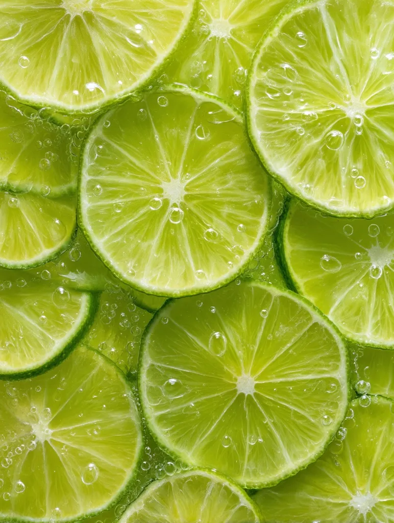 A vibrant close-up showcases numerous lime slices submerged in a sparkling liquid.  The translucent lime wedges are densely packed, their bright green hues and juicy textures emphasized by the effervescence surrounding them.  Small bubbles cling to the lime's surface, highlighting their freshness and creating a visually appealing contrast.