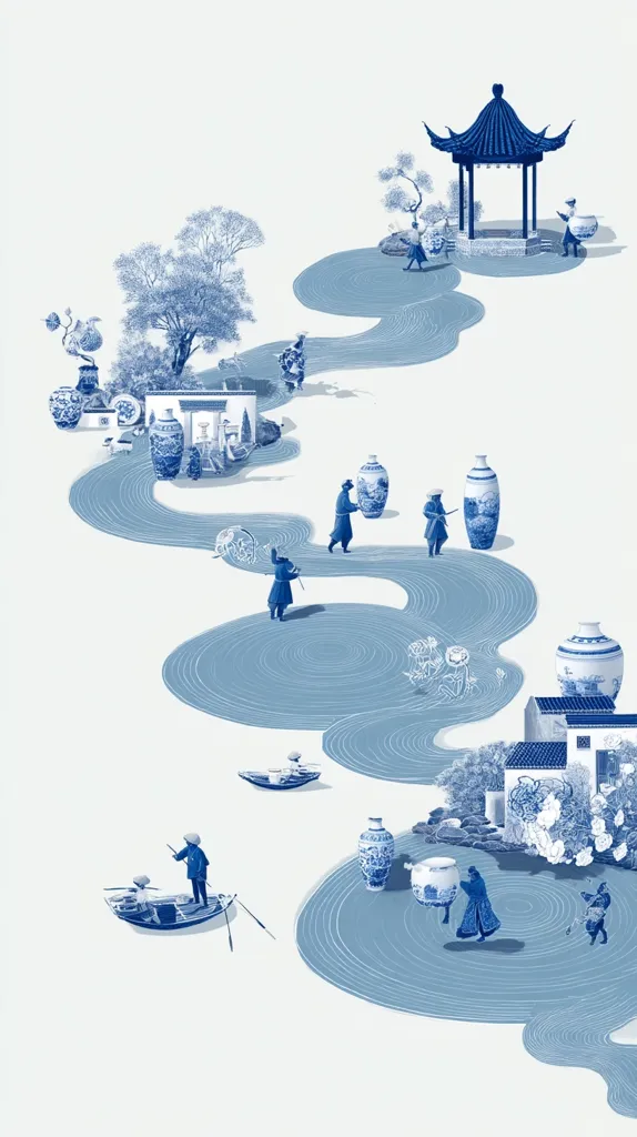 A serene blue and white illustration depicts a winding river flowing through a Chinese landscape.  People in traditional clothing transport large porcelain vases along the waterway, past pagodas, houses, and lush gardens.  Small boats dot the river, adding to the peaceful ambiance of the scene, reminiscent of classic blue and white porcelain designs.  The overall aesthetic is elegant and evocative of traditional Chinese art.