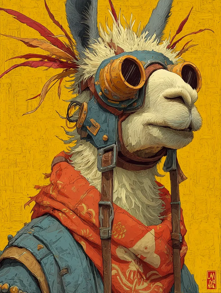 A stylized illustration depicts a llama wearing steampunk goggles, a vibrant orange scarf, and a tattered blue jacket.  The llama's fluffy fur is detailed, and its expression is calm and slightly amused.  Intricate, feather-like adornments decorate its head. The bold yellow background contrasts with the rich colors of the llama's attire and accessories, creating a striking visual effect.  The artwork has a whimsical, almost fantastical quality.