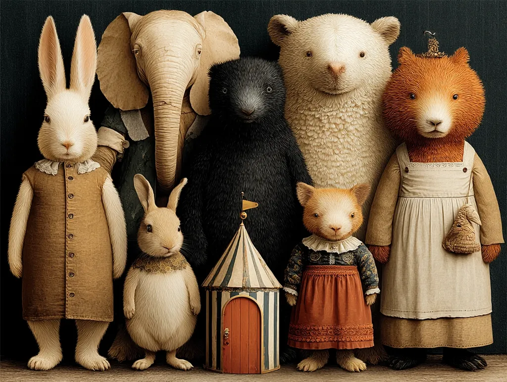 A whimsical illustration depicts a group of anthropomorphic animals dressed in period clothing.  A rabbit, elephant, polar bear, otter, fox, and two smaller rabbits stand together, posed formally.  A miniature striped tent with a red door sits in front. The animals appear friendly and charming, creating a quaint and endearing scene.  The style is realistic, with a soft, muted palette.