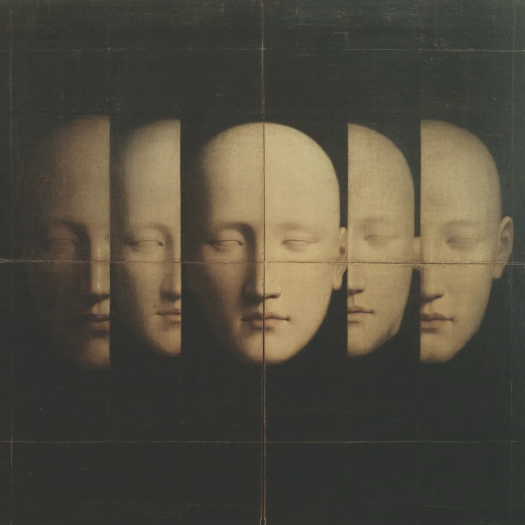 The painting showcases five pale, almost mask-like faces, subtly shifting in perspective.  Arranged in a row against a dark background, they appear serene yet enigmatic.  The faces are rendered with minimal detail, emphasizing their smooth surfaces and the subtle variations in their expressions. The overall effect is one of contemplation and the exploration of identity or perception.
