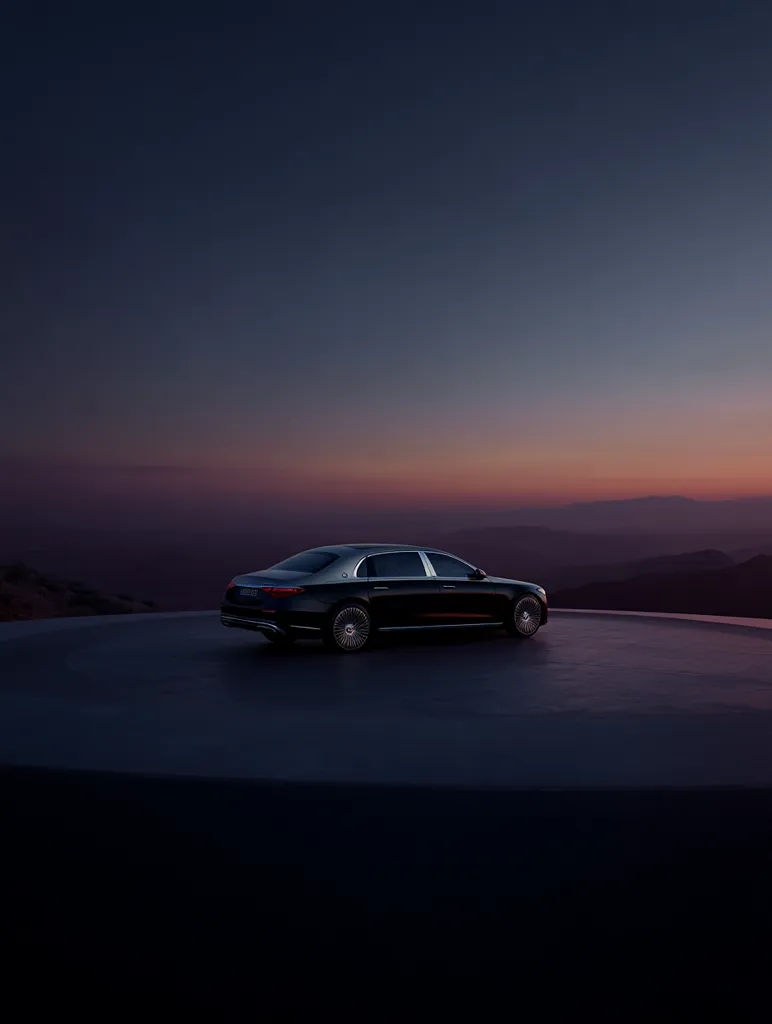 A luxurious black Mercedes-Maybach S-Class sedan rests on a circular platform overlooking a breathtaking sunset.  The car is angled slightly to the left, showcasing its elegant design and sophisticated details. The twilight sky creates a dramatic backdrop, enhancing the vehicle's premium aesthetic.  The scene exudes opulence and tranquility.