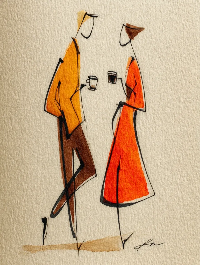 A minimalist watercolor painting depicts a stylized couple enjoying coffee.  The man, in orange and brown, stands slightly bent, while the woman, in a vibrant orange dress, holds a cup.  Their forms are elongated and expressive, with minimal detail focusing on gesture and color.  The background is a muted beige, allowing the figures to stand out. The artist's signature is subtly placed in the bottom right corner.