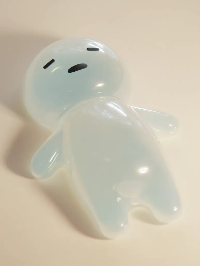 A pale blue, translucent figurine resembling a simplified human form lies on a white surface.  Its head is round with simple, subtly sad facial features—small, dark eyes and a downturned mouth. The body is smooth and somewhat amorphous, suggesting a jelly-like or fluid consistency.  The overall impression is one of gentle melancholy.