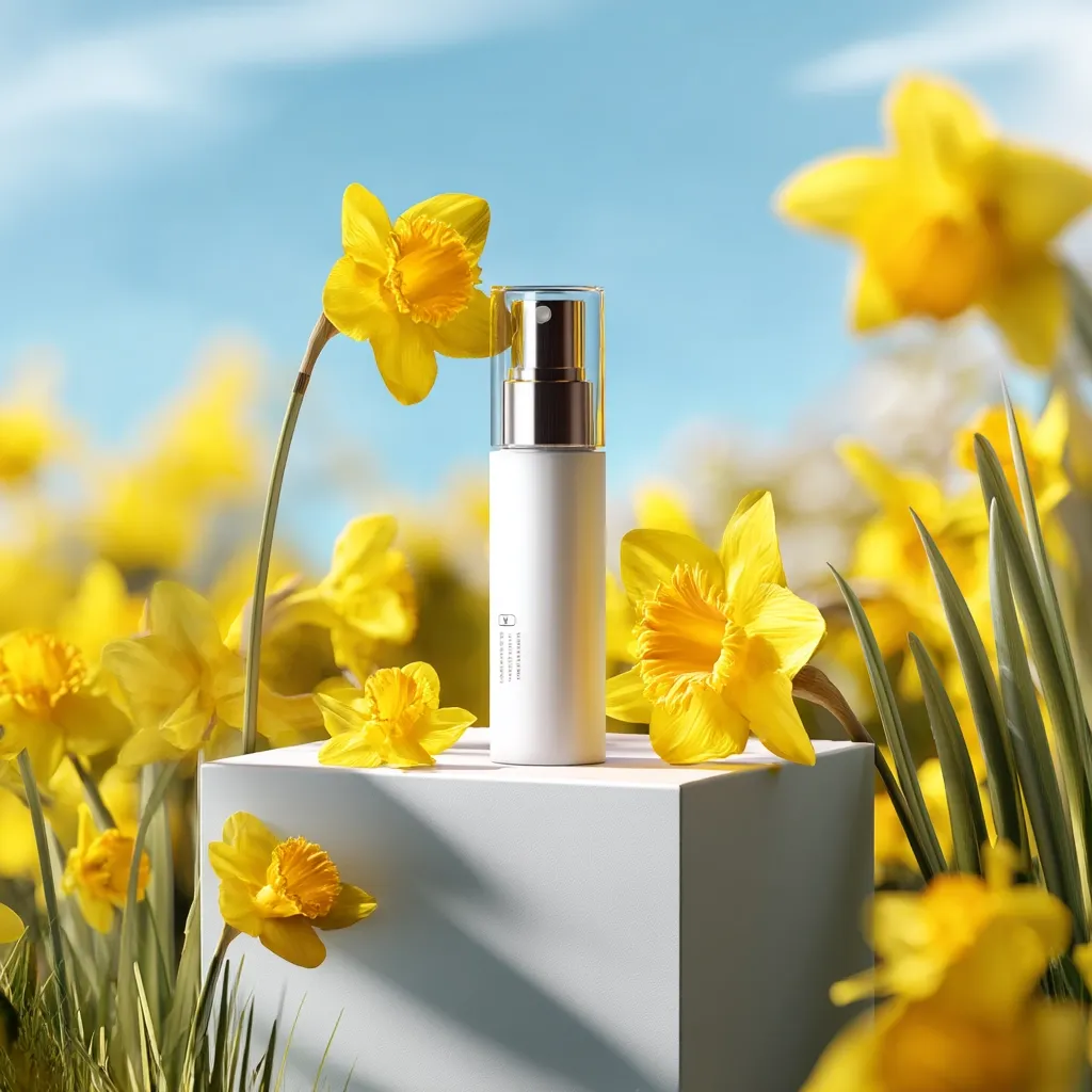 A white cylindrical spray bottle with a gold top sits on a minimalist white cube.  Bright yellow daffodils surround the bottle, creating a vibrant spring scene against a clear blue sky. The image is clean and aesthetically pleasing, suggesting a fresh and floral fragrance or skincare product.  The overall mood is bright and cheerful.
