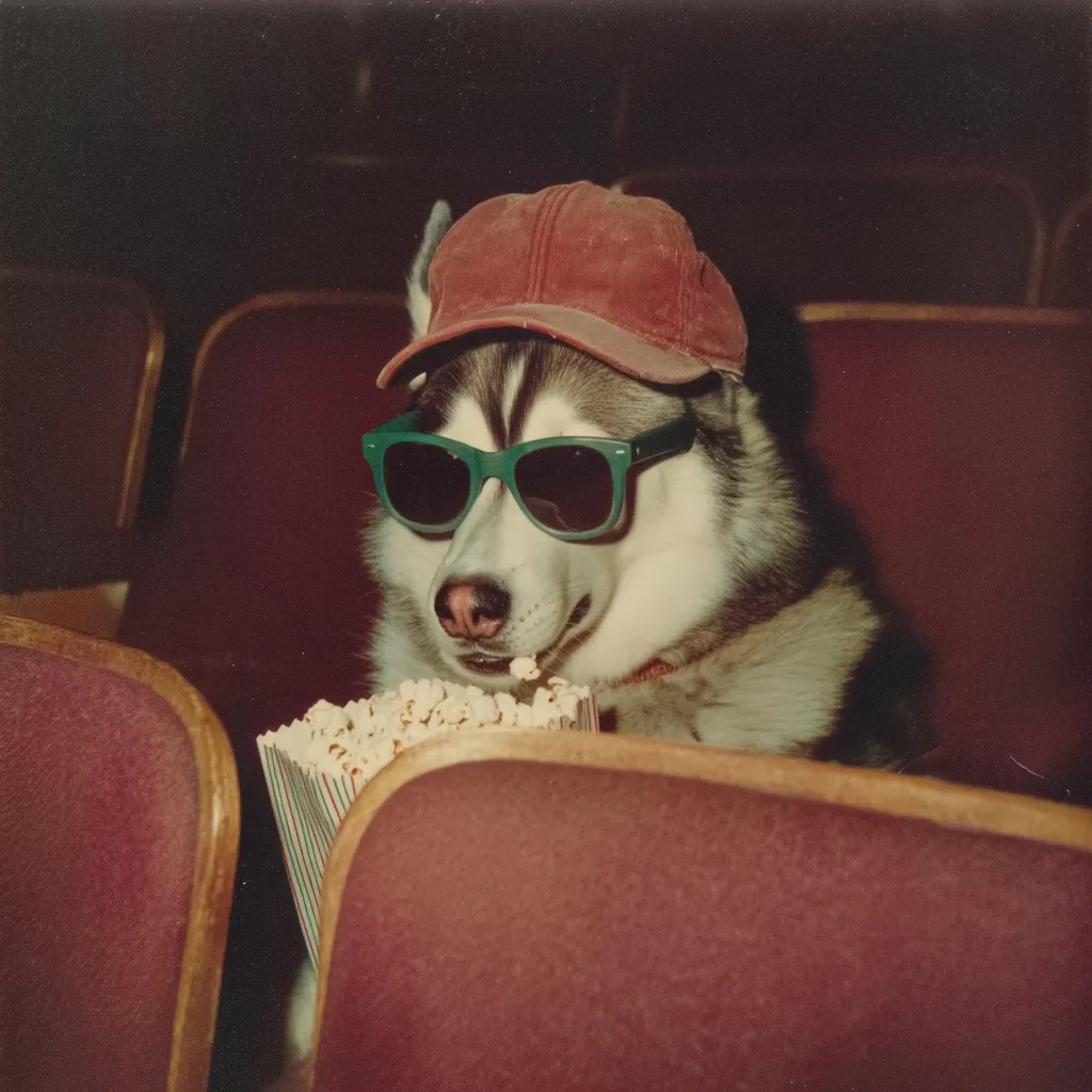 A Siberian Husky, sporting a red baseball cap and green sunglasses, enjoys a movie snack.  Seated in a plush theater chair, the dog munches contentedly on a box of popcorn, creating a humorous and endearing scene.  The image has a vintage, slightly faded quality, enhancing its nostalgic charm.