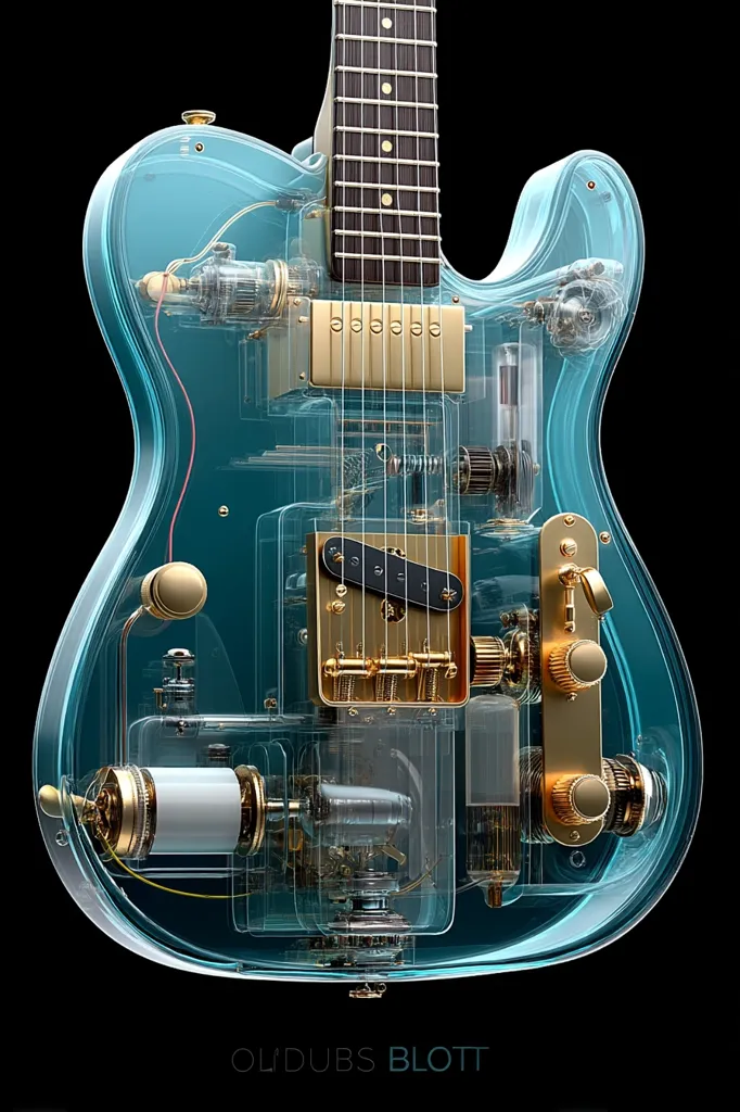 A transparent, teal electric guitar is showcased, revealing its intricate inner workings.  Gold-toned hardware contrasts with the clear body, highlighting the mechanical components.  The image is a stylized rendering, emphasizing the guitar's internal mechanisms with a detailed and almost clockwork-like precision.  The design is futuristic and aesthetically pleasing.