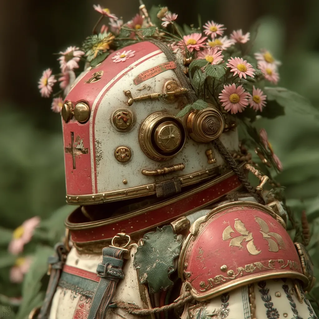 Close-up view of a whimsical robotic figure, seemingly adorned in aged, ornate armor. The helmet, primarily white and red with gold accents, is decorated with a crown of pink and white flowers.  The armor shows signs of wear and weathering, adding to its antique charm. The overall aesthetic blends steampunk elements with a delicate, floral touch.