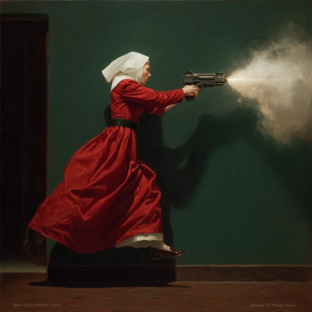 A woman in a flowing red dress and white bonnet runs, firing a futuristic pistol.  Smoke billows from the weapon as she moves dynamically against a dark teal wall.  The scene is dramatically lit, emphasizing the woman's action and the weapon's power. The painting suggests a blend of historical and science fiction aesthetics.