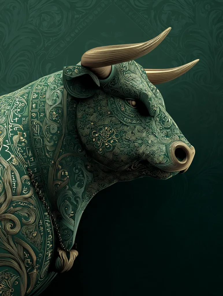 A detailed close-up reveals a bull's head, intricately adorned with a gold and deep green patterned design.  The intricate carvings resemble ornate script and floral motifs, creating a textured, almost three-dimensional effect.  The bull's horns are elegantly curved, and its expression is serious and powerful, set against a dark, similarly patterned background. The image suggests strength, artistry, and perhaps a mystical or symbolic quality.