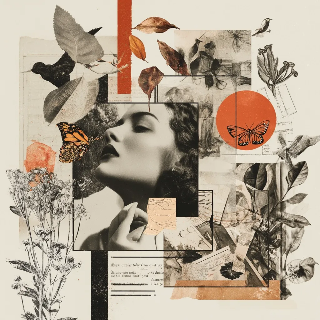 A monochrome collage features a woman's face, butterflies, birds, foliage, and text snippets.  The woman's portrait is central, imbued with a melancholic beauty.  Surrounding elements suggest nature's passage, with falling leaves and botanical illustrations creating a vintage, almost dreamlike atmosphere.  The color palette is muted, with pops of burnt orange adding warmth to the predominantly black and white scheme.
