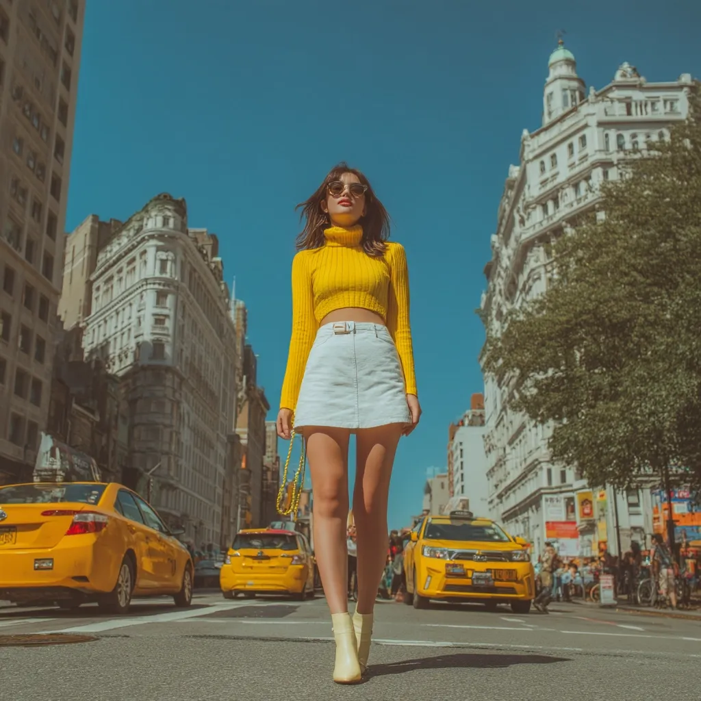 A stylish woman strolls down a New York City street, bathed in sunlight.  She's dressed in a vibrant yellow turtleneck sweater, a short white A-line skirt, and pastel yellow boots.  Yellow taxis blur in the background, adding to the city's energy.  The architecture of the buildings creates a striking contrast to her bright outfit, showcasing a modern yet retro aesthetic.