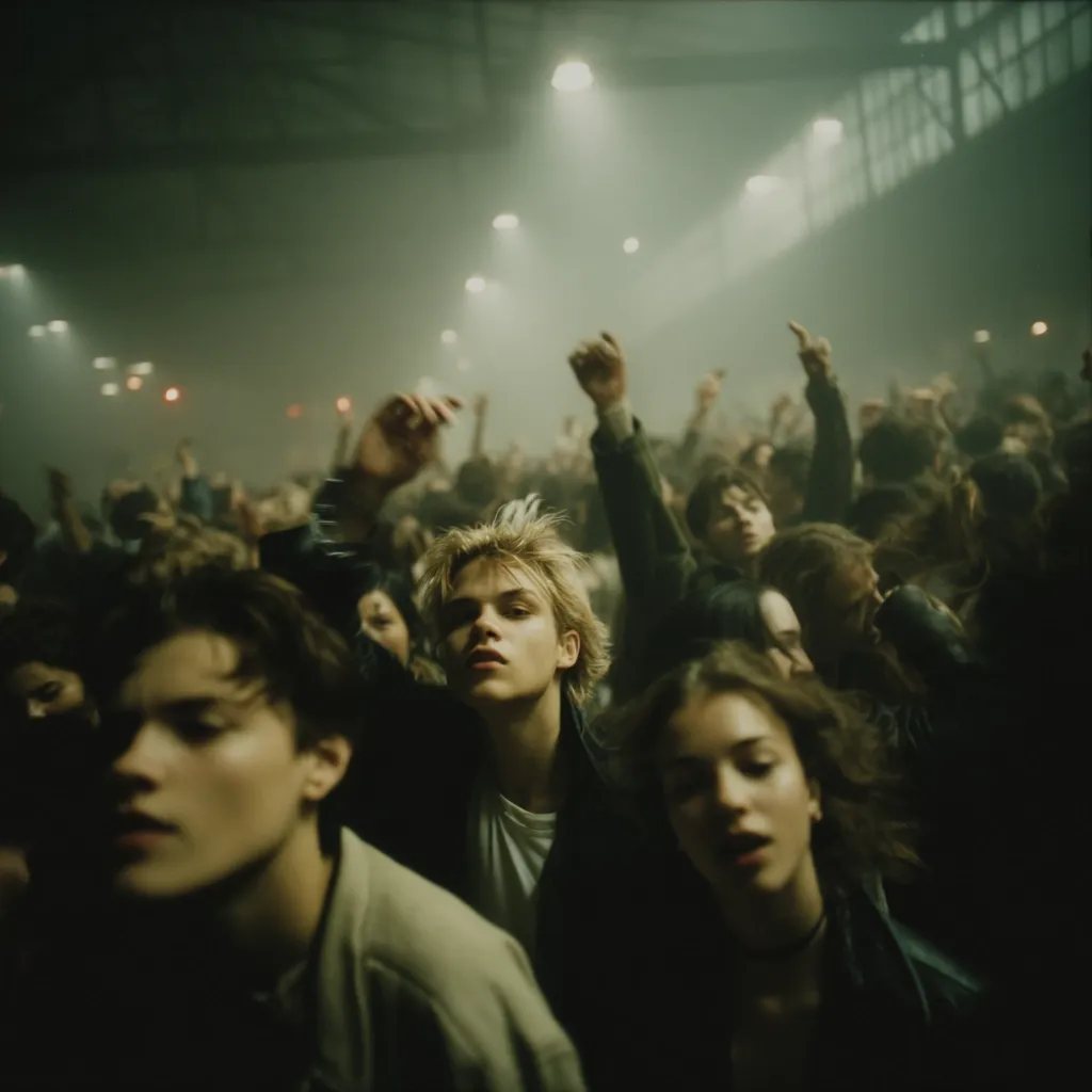 A young man with blond hair stands out amidst a dense crowd at a dimly lit indoor concert.  Surrounding him, people raise their hands, energized by the music. The atmosphere is smoky and intense, capturing the raw energy of a live performance. The overall mood is dark and moody, emphasizing the concert's ambiance.