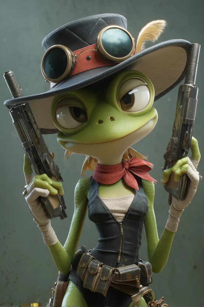 A stylized anthropomorphic frog, female, with green skin, wields two antique-style pistols. She sports a dark-colored, wide-brimmed hat adorned with goggles and a feather. A red neckerchief and a dark vest with a utility belt complete her outfit.  The frog's expression is serious and confident, suggesting a strong and possibly rebellious character. The background is a muted green.